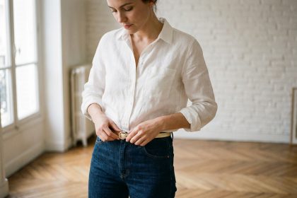 Femme portant une ceinture dorée fine sur une tenue décontractée jean et chemise blanche dans un appartement parisien