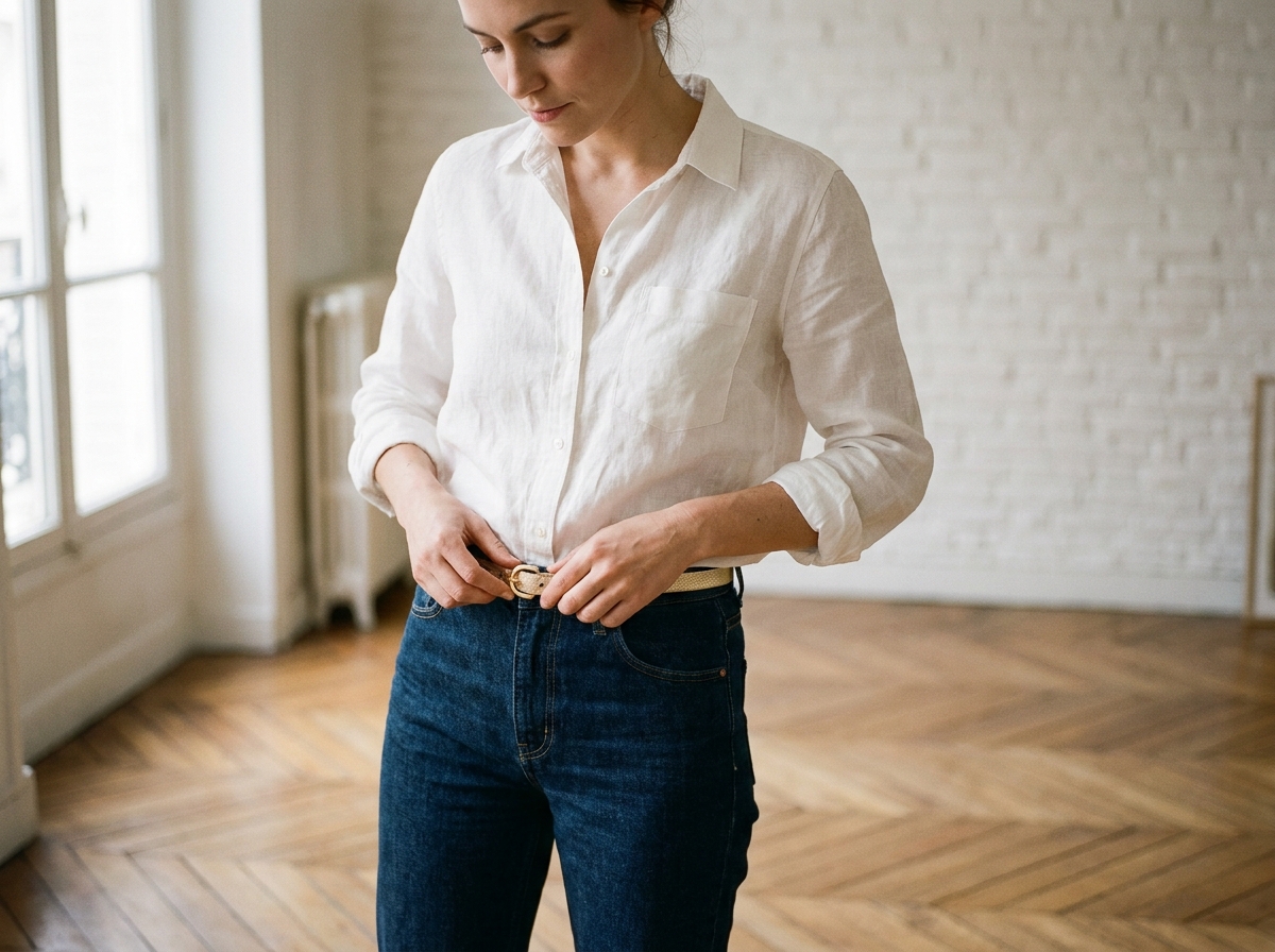 Femme portant une ceinture dorée fine sur une tenue décontractée jean et chemise blanche dans un appartement parisien