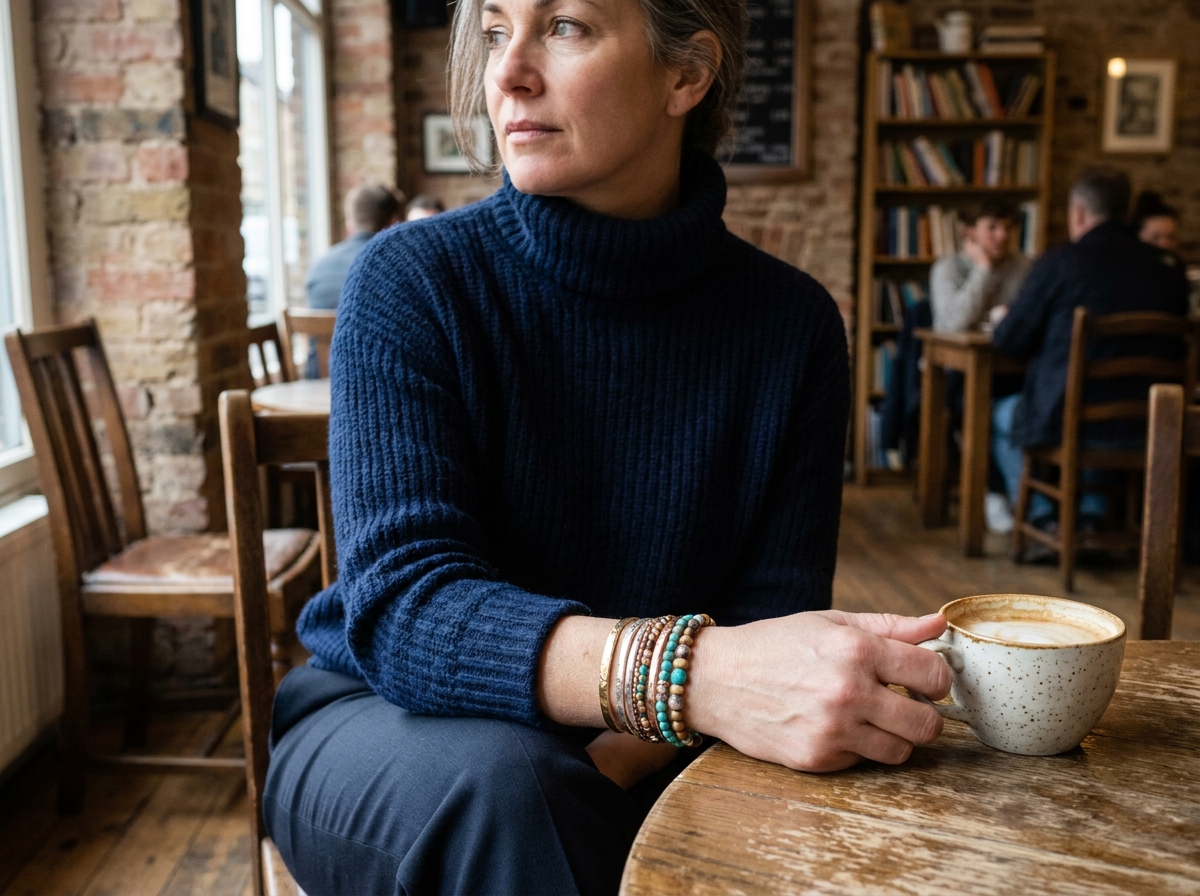 Femme portant des bracelets empilés en métaux et pierres naturelles dans un café vintage au décor chaleureux