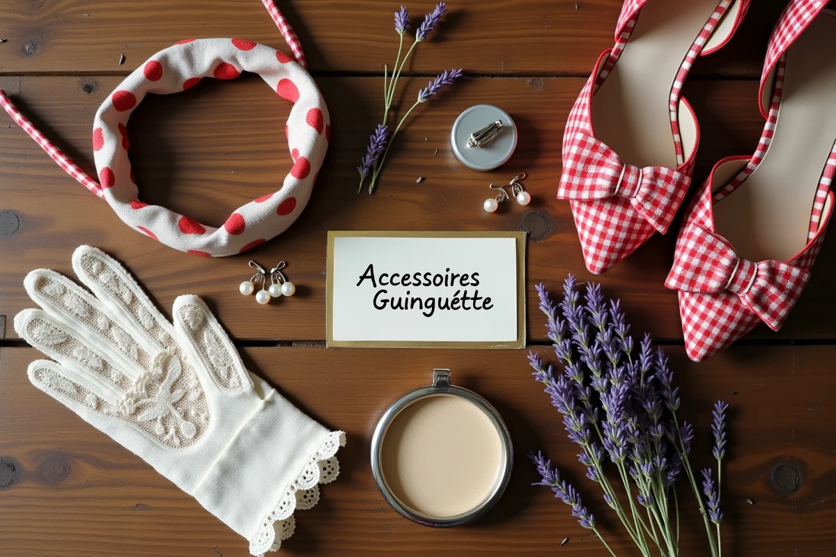 Flatlay d'accessoires indispensables pour un déguisement guinguette femme : bandeau à cerises, gants en dentelle, barrette vichy, chaussures rétro et compact poudre vintage sur une table en chêne