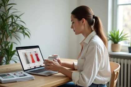 Femme parcourant un site de vente de robes en ligne sur son ordinateur portable dans un appartement parisien