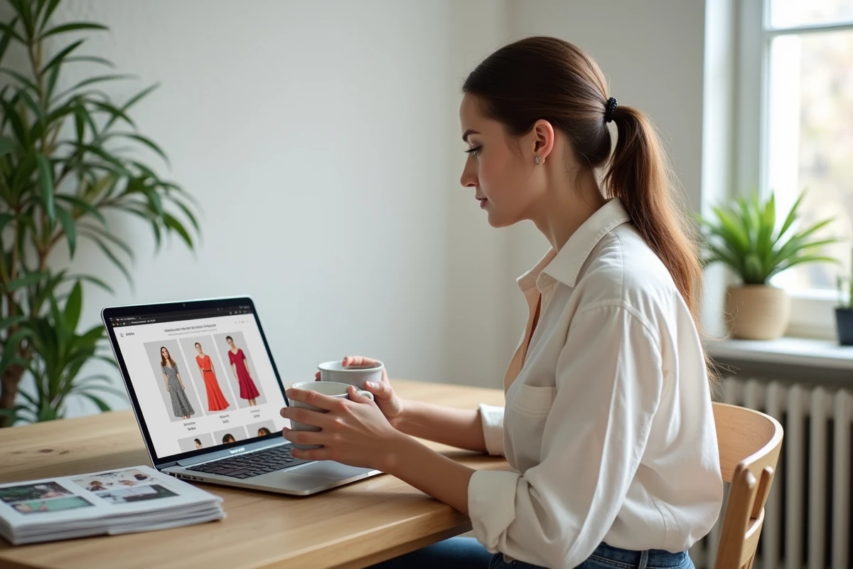 Femme parcourant un site de vente de robes en ligne sur son ordinateur portable dans un appartement parisien