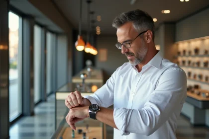 Homme évaluant une montre Rolex dans une boutique horlogère suisse officielle