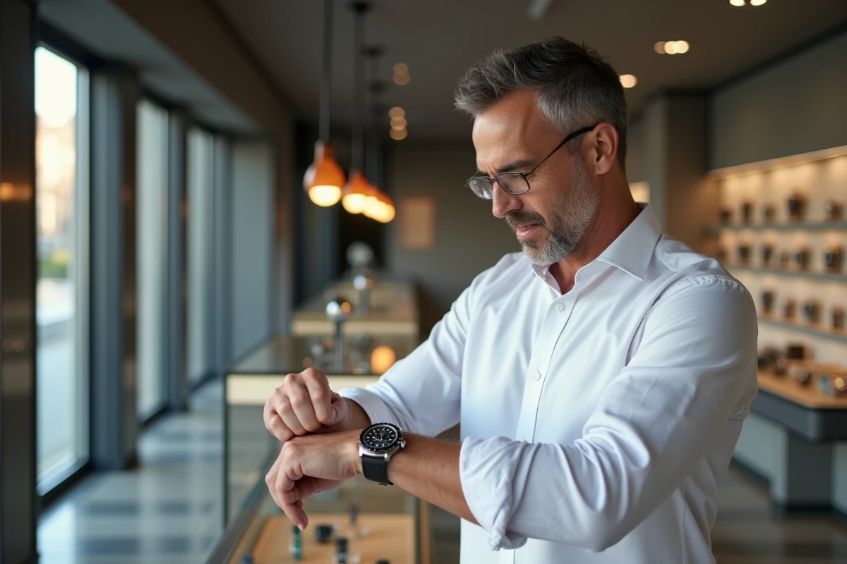 Homme évaluant une montre Rolex dans une boutique horlogère suisse officielle