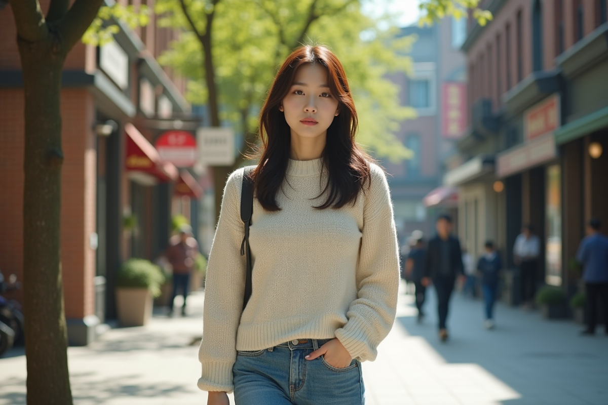 Actrice coreenne marche dans une rue urbaine