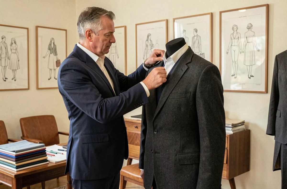 Tailleur Ainsi Sont-Ils à Strasbourg ajustant un costume sur mesure charbon sur un client