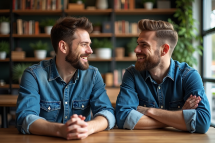 Deux hommes souriants au caf&eacute; avec barbe et visage ras&eacute;
