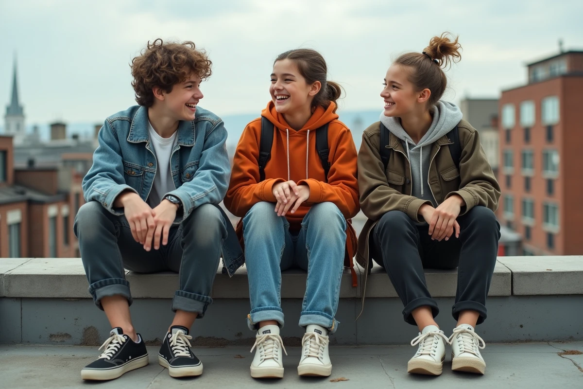 Trois adolescents souriants sur un toit urbain