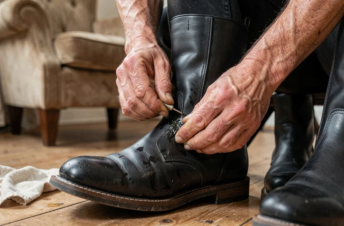 Mains masculines appliquant de la graisse sur une botte en cuir noir pour la nourrir et l'imperméabiliser