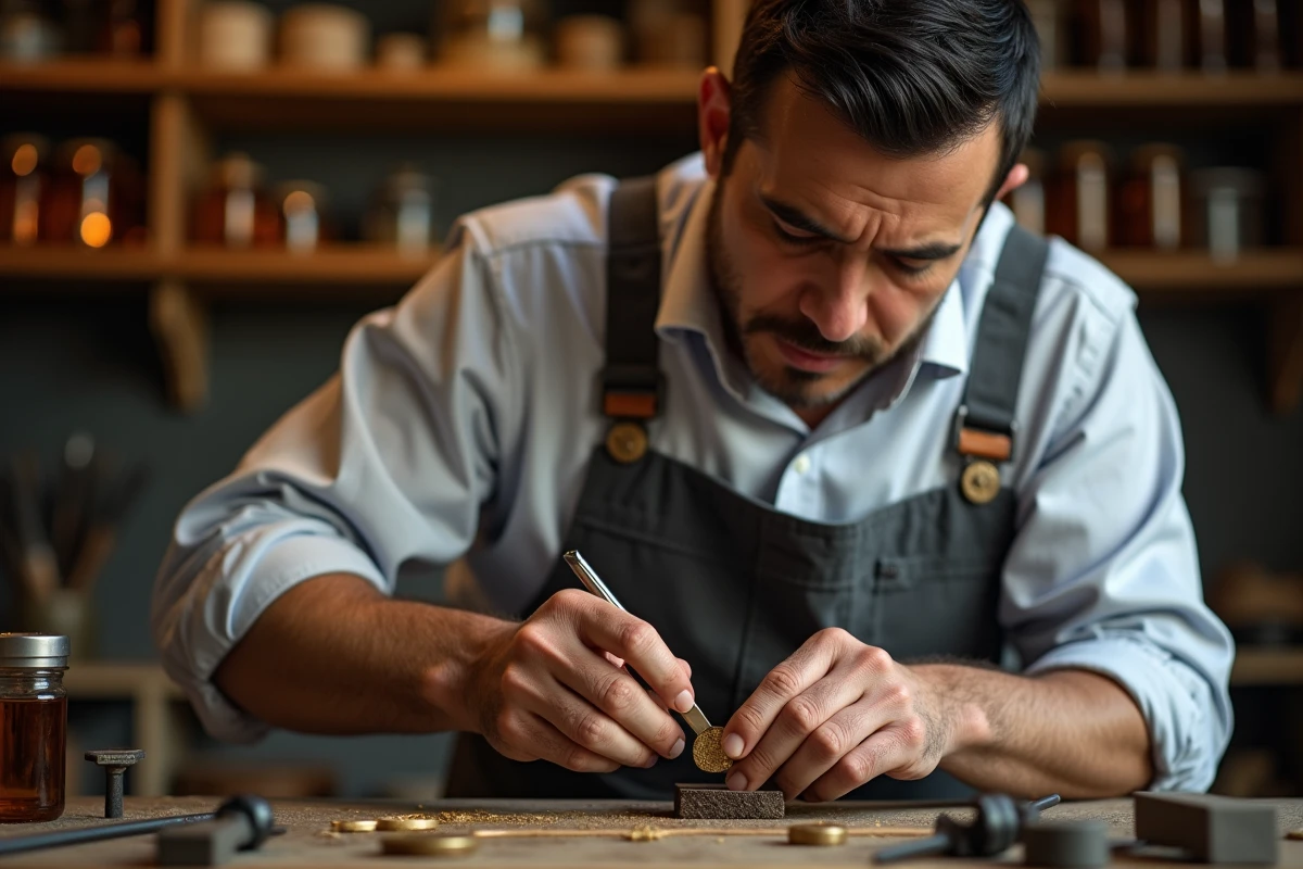 Artisan bijoutier gravant un symbole sur un bracelet homme en or dans son atelier artisanal