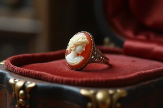 Bague en camée ancienne posée sur un plateau de velours dans une boutique d'antiquités parisienne, détail du profil féminin sculpté en coquille