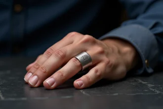Bague chevalière homme en argent brossé avec initiales gravées portée sur une main masculine posée sur ardoise sombre