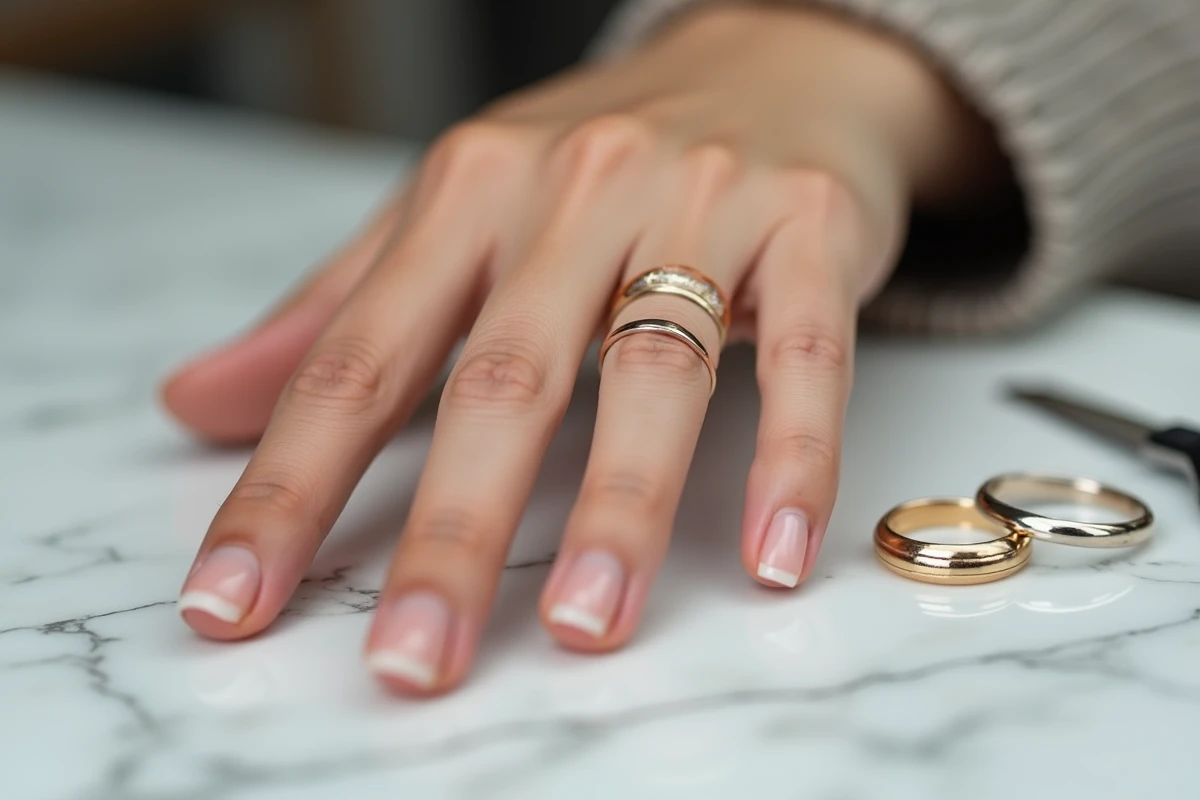 Gros plan d'une bague trop serrée laissant une marque sur le doigt d'une femme posé sur du marbre blanc