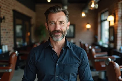 Homme dans la quarantaine arborant une barbichette et une moustache bien taillées dans un salon de coiffure urbain au décor vintage