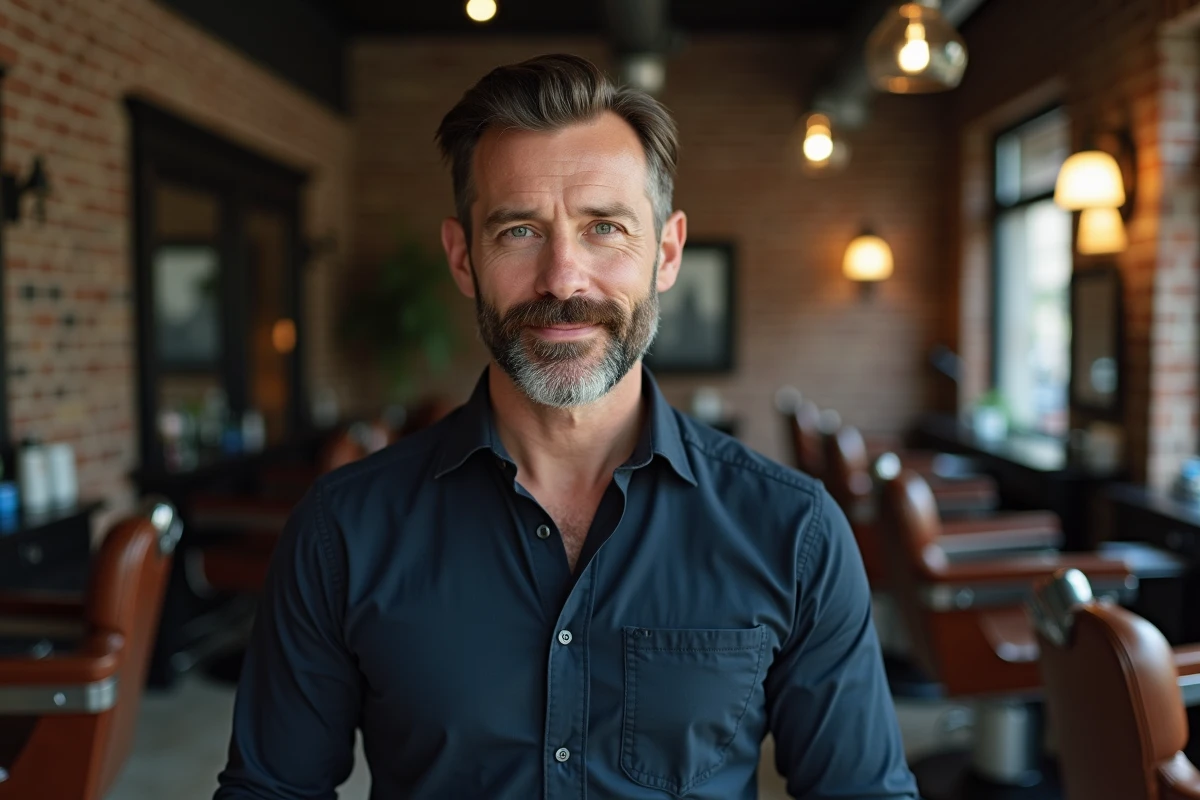 Homme dans la quarantaine arborant une barbichette et une moustache bien taillées dans un salon de coiffure urbain au décor vintage