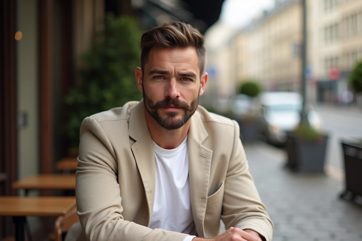 Homme trentenaire avec barbichette pointue et moustache handlebar assis en terrasse de café parisien en veste de lin beige