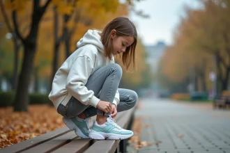 Adolescente attachant ses baskets ergonomiques blanches sur un banc dans un parc urbain en automne
