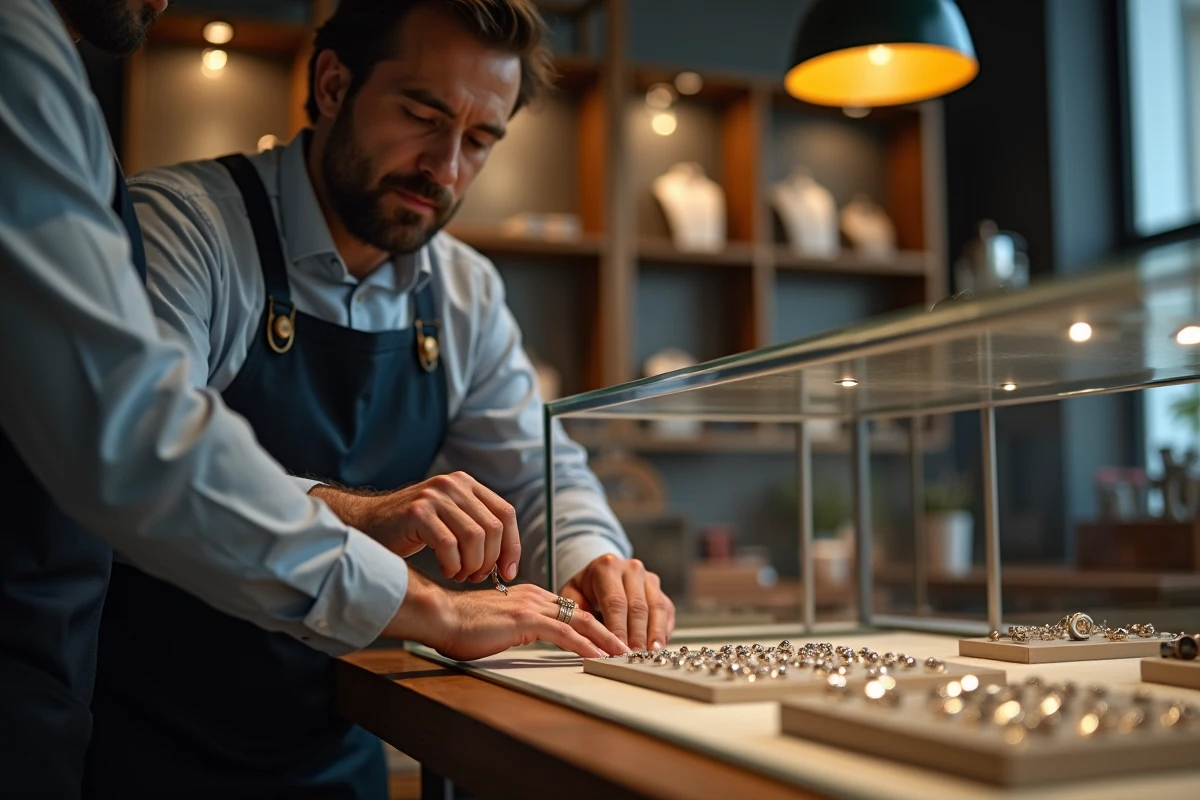 Bijoutier professionnel mesurant la taille du tour de doigt d'un client avec un mandrin à bague dans une bijouterie moderne