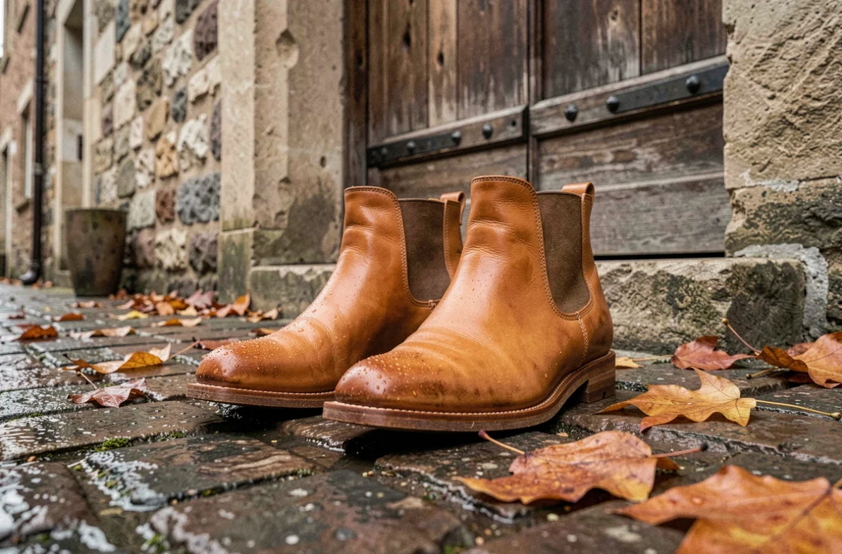 Boots en cuir fauve imperméabilisés avec de la graisse, posés sur des pavés mouillés sous la pluie d'automne