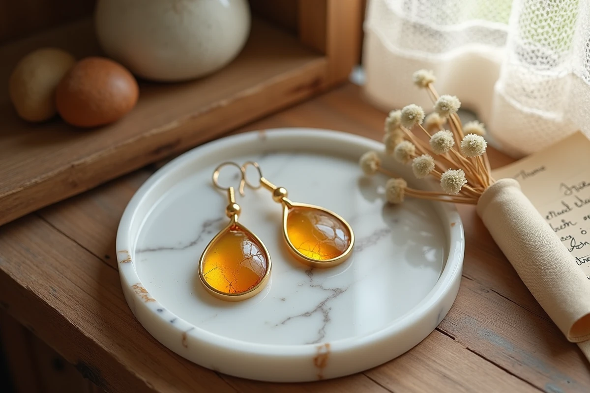 Boucles d'oreilles bohèmes goutte d'eau en or sur plateau en marbre avec décoration rustique