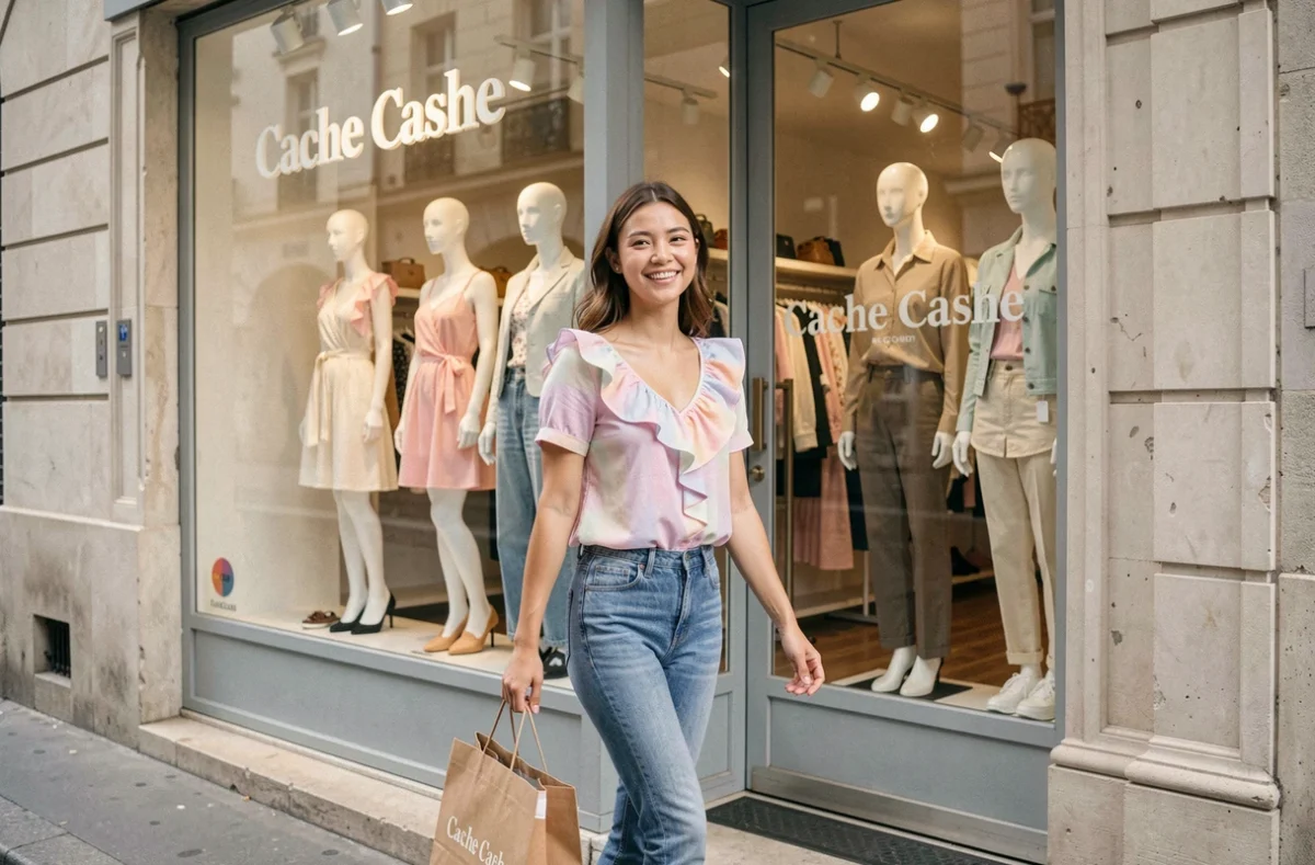 Jeune femme sortant de la boutique Cache Cache avec un sac de shopping et une tenue tendance