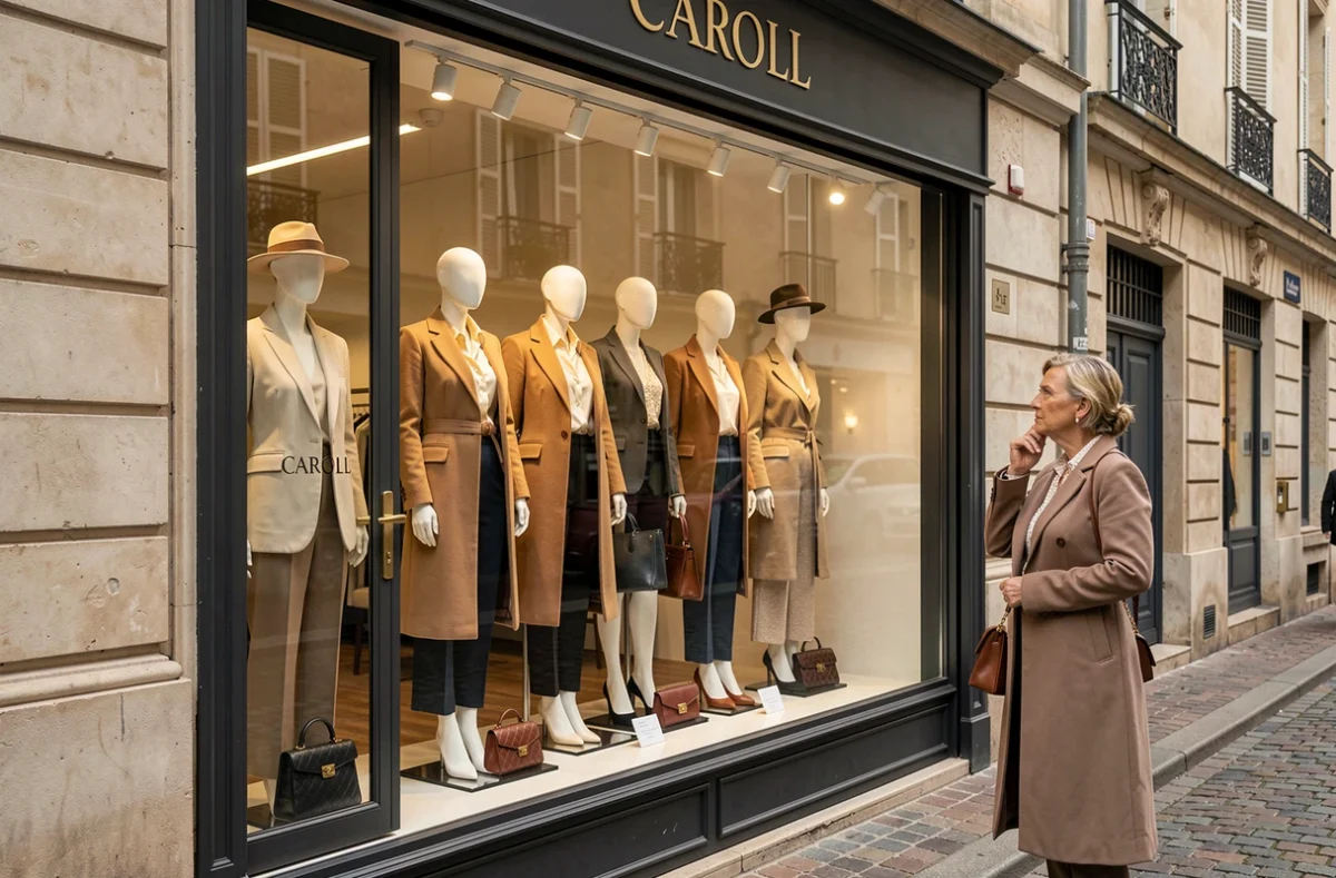 Vitrine de la boutique Caroll avec mannequins habillés en mode féminine élégante