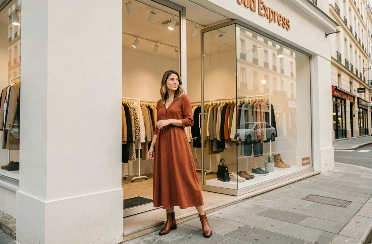 Femme devant une boutique Sud Express portant une robe midi fluide de la marque