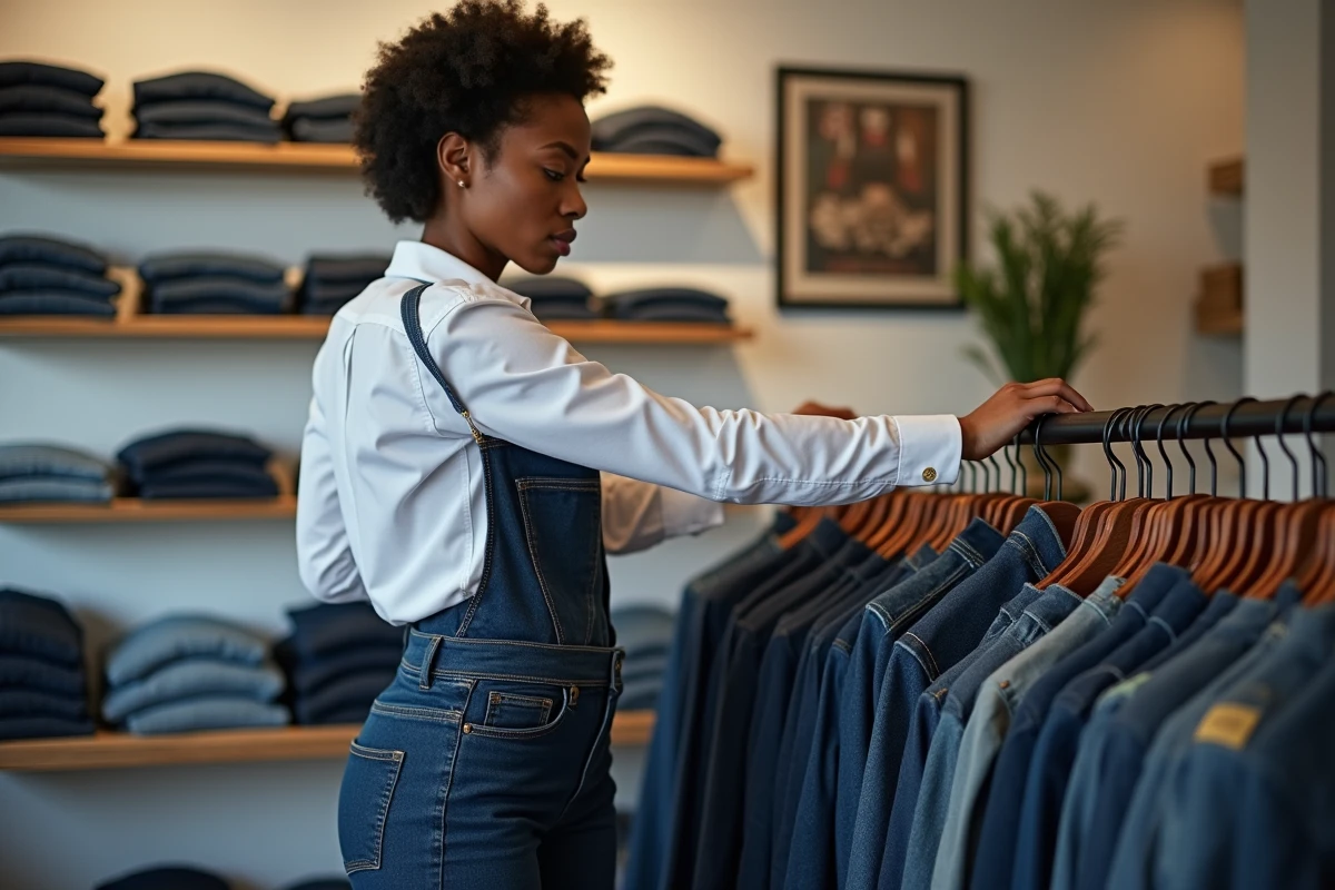 Femme parcourant une collection de jeans vintage Levi's dans une boutique denim parisienne, du vêtement ouvrier au must-have de mode