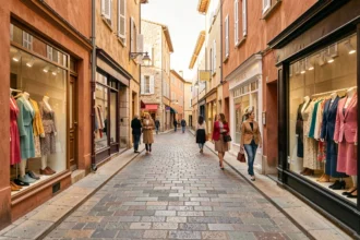 Rue commerçante du Tarn avec des boutiques de prêt-à-porter féminin aux vitrines colorées