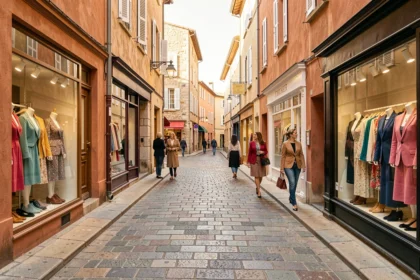 Rue commerçante du Tarn avec des boutiques de prêt-à-porter féminin aux vitrines colorées