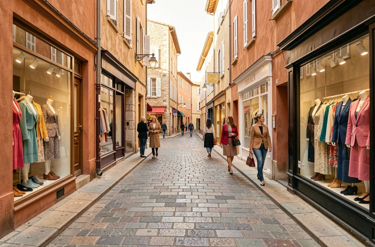 Rue commerçante du Tarn avec des boutiques de prêt-à-porter féminin aux vitrines colorées