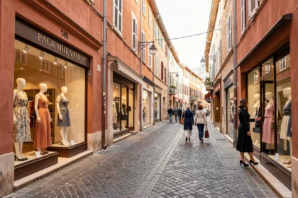 Rue commerçante du Var avec boutiques de prêt-à-porter féminin et vitrines élégantes