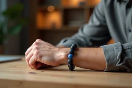 Homme portant un bracelet en pierre de lave et sodalite pour réduire le stress, poignet posé sur un bureau en bois