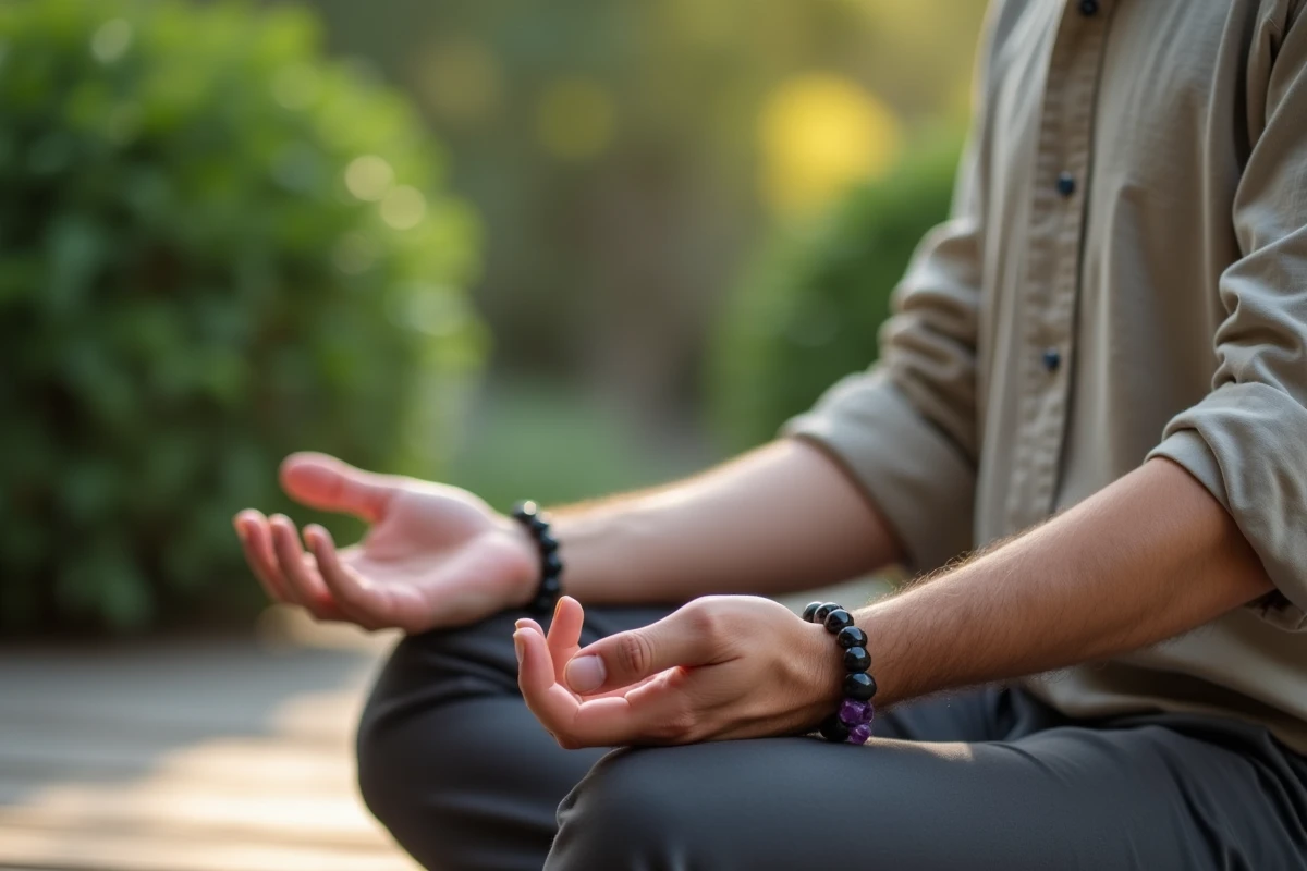 Homme en méditation portant un bracelet en améthyste et obsidienne noire pour gérer le stress en extérieur