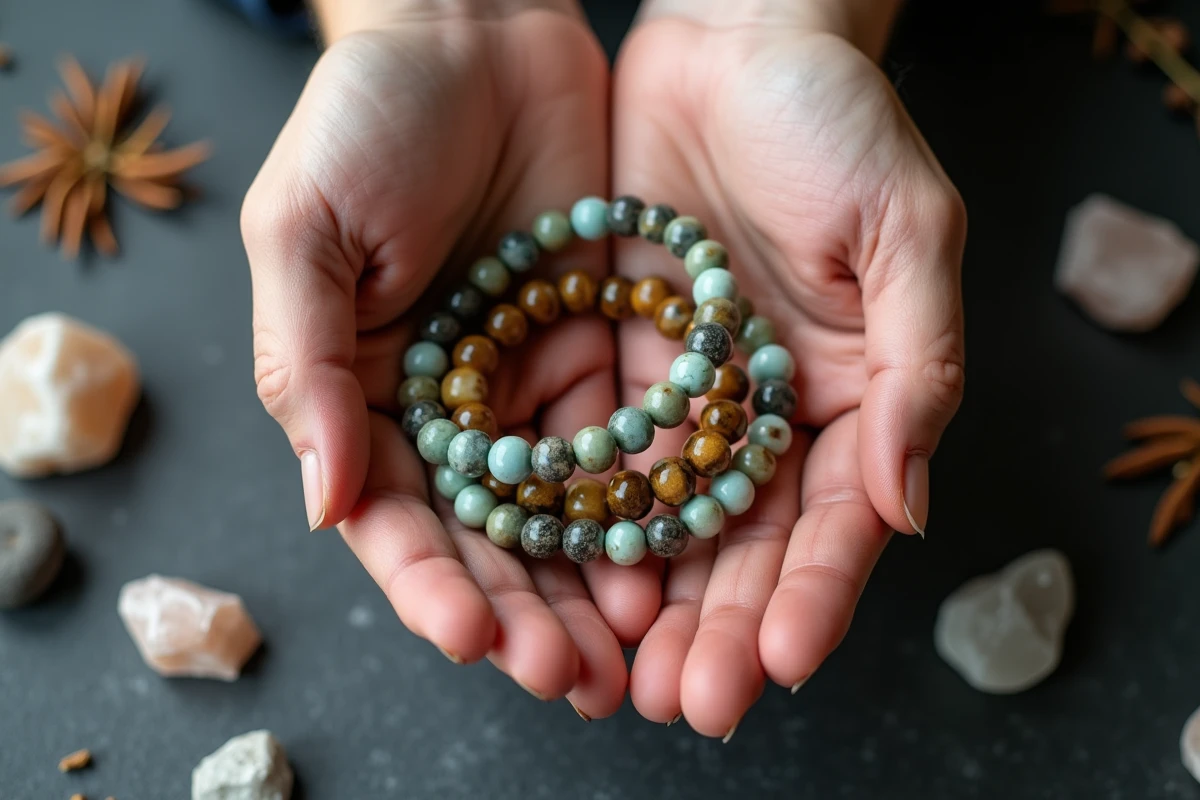 Bracelets en pierres naturelles pour homme – œil de tigre, amazonite et quartz rose – posés sur ardoise dans un contexte bien-être