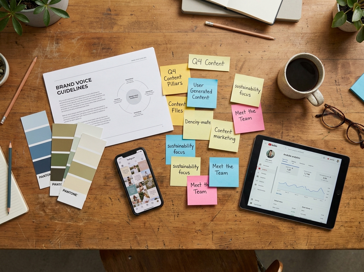 Vue aérienne d'un bureau de stratégie de marque avec documents, palette de couleurs et outils numériques