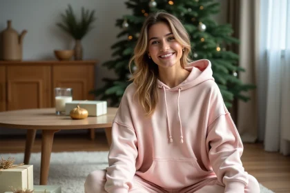 Femme souriante en hoodie pastel entourée de cadeaux de Noël enveloppés dans du papier kraft, ambiance cosy et chaleureuse pour offrir des vêtements Pilou Pilou à Noël