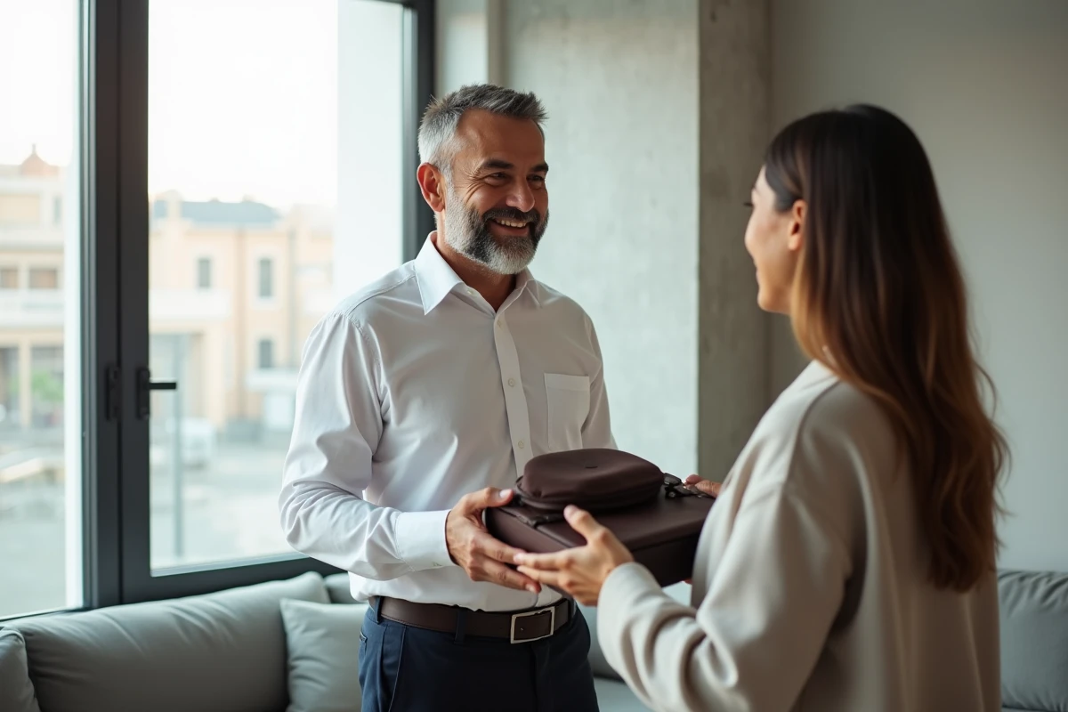 Homme recevant une pochette en cuir personnalisée en cadeau d'une femme dans un salon contemporain