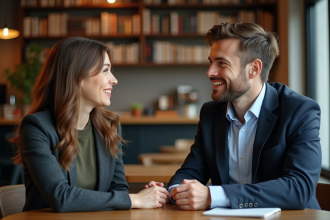Femme souriante en réunion dans un café moderne