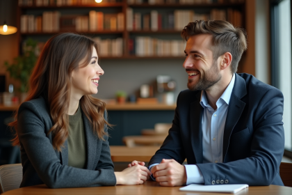 Femme souriante en r&eacute;union dans un caf&eacute; moderne