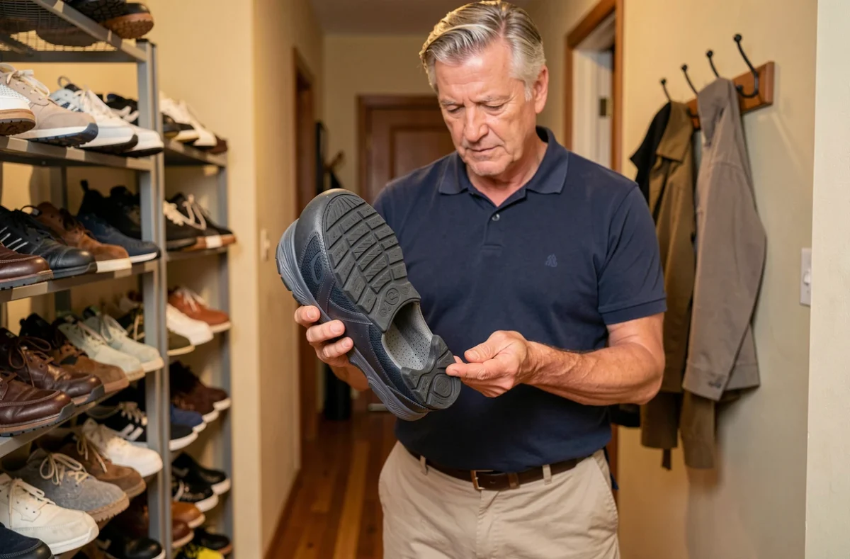 Homme mature examinant l'intérieur d'une chaussure confortable à semelle cushionnée dans un couloir de maison