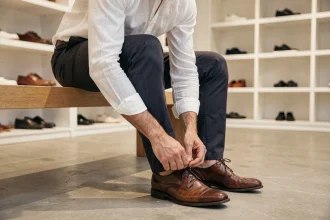 Homme essayant des chaussures confortables en cuir dans une boutique moderne, idéales pour un usage quotidien