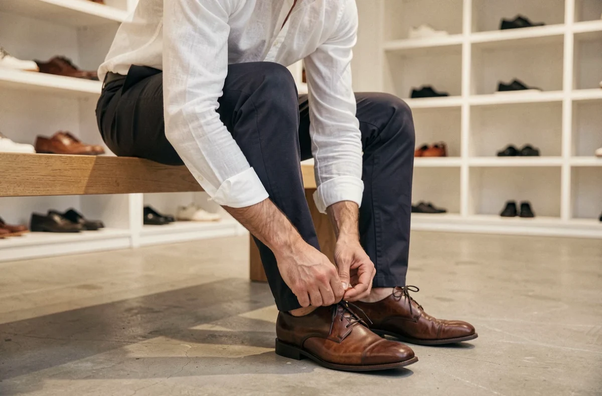 Homme essayant des chaussures confortables en cuir dans une boutique moderne, idéales pour un usage quotidien