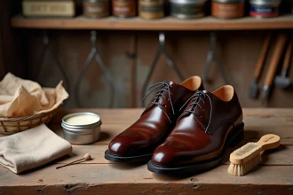Chaussures Oxford neuves en cuir brun avec cirage et brosse sur un établi de cordonnier