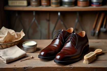 Chaussures Oxford neuves en cuir brun avec cirage et brosse sur un établi de cordonnier
