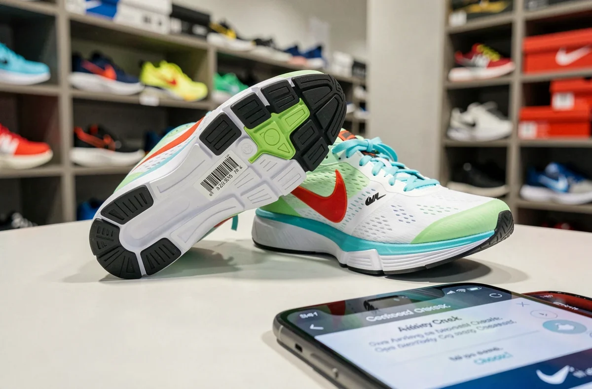 Chaussures Nike retournées sur un comptoir pour vérification du code barres UPC et numéro de série