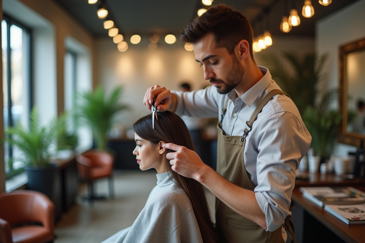 Jeune coiffeur coupant les cheveux d’un client dans le salon