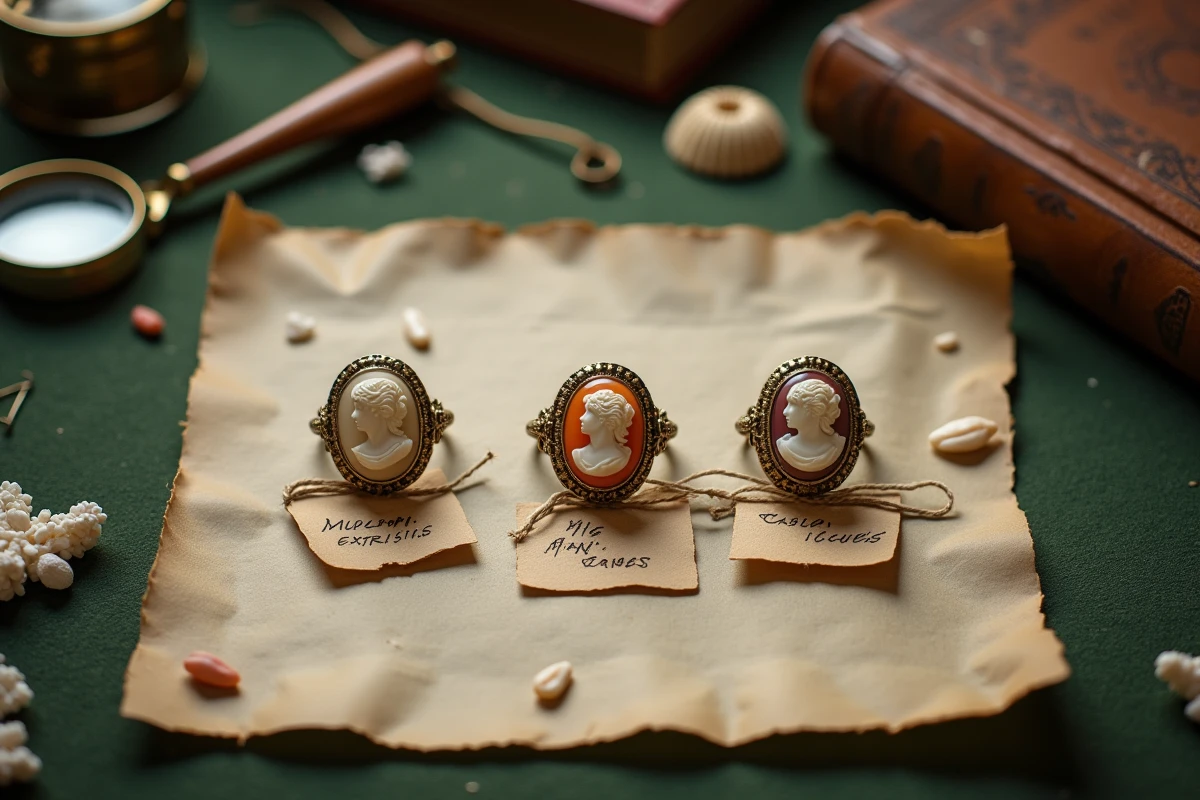 Trois bagues en camée anciennes de différentes époques présentées en flat lay sur parchemin, avec loupe de bijoutier et catalogue de référence