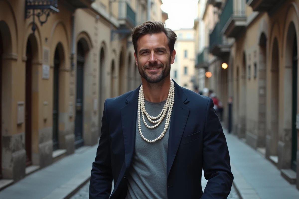 Homme marchant dans une rue pavée européenne avec un collier de perles baroques multi-rangs et un blazer marine, mode bijou masculin tendance