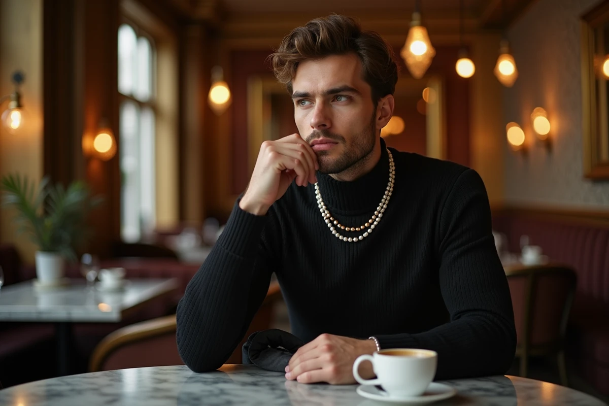 Homme assis dans un café parisien arborant un collier en perles et cordons de cuir, tendance bijou masculin